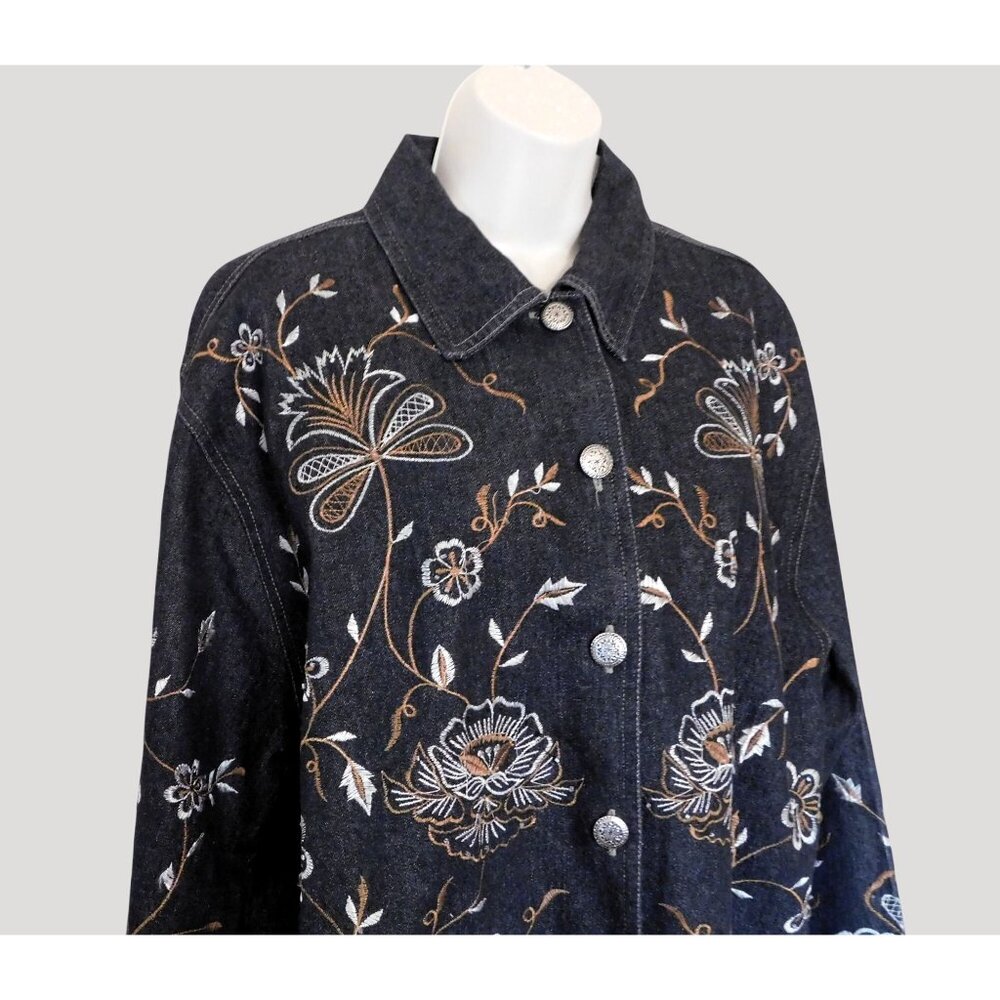 New Direction Embroidered Denim Jacket Large Black Floral Beaded Metal Buttons - Picture 4 of 11